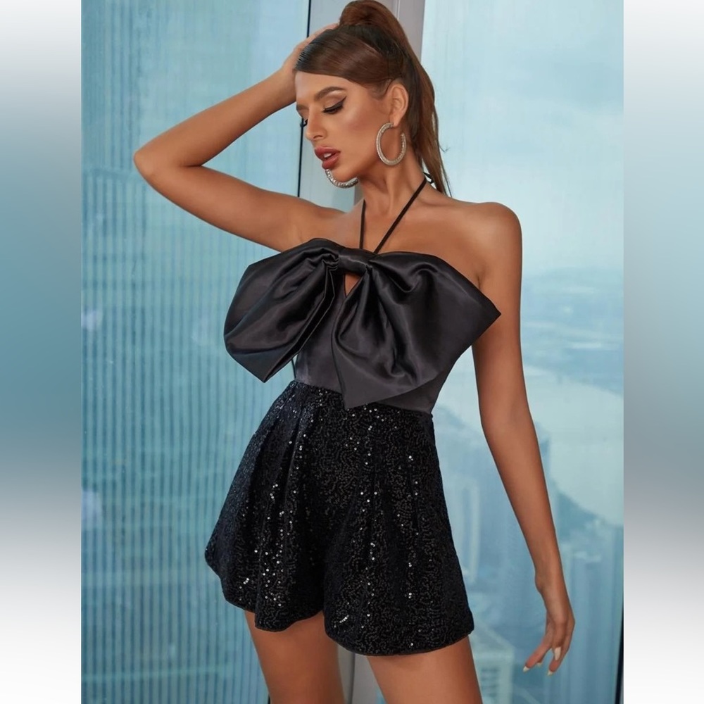 Adorable Bow Halter Velvet Sequin Romper - NWT